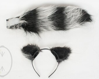 SMALL Raccoon Furry Ear and/or 16" Tail with black tip Set Cosplay, Accessories, Costume - for Kids or Adults