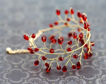 61_Gold bracelet,Red wedding bracelet,Ruby bracelet,Crystal jewelry bracelet,Twig accessories,Wedding jewelry,Bridesmaid bracelet,Woman