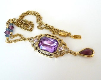 1928 Jewelry Necklace Pendant Drop Gold Tone Purple Rhinestone Beads