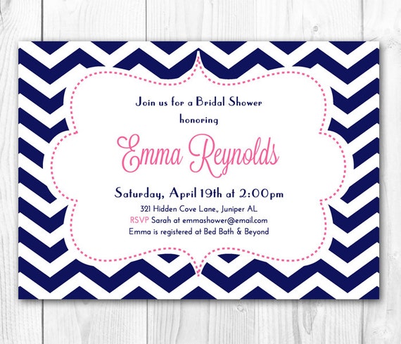Modern Preppy Hot Pink & Navy Chevron Printable Birthday Party or Bridal Shower Invitation Il_570xn