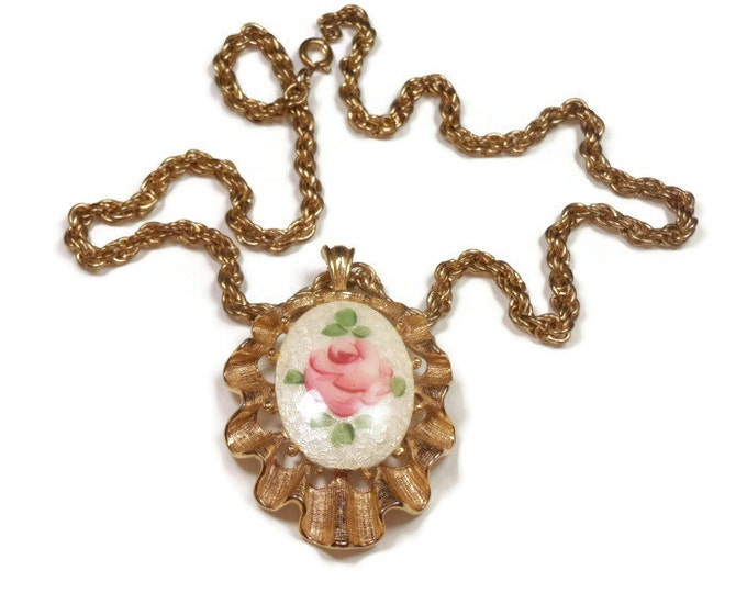 FREE SHIPPING Pink Rose Guilloché pendant necklace with gold scalloped fluted border