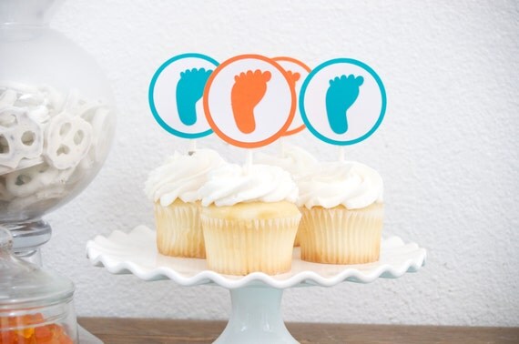 Baby Shower Decoration - Orange and Turquoise - Modern Cupcake Topper -Footprint Cupcake Toppers - Set of 12 Il_570xn