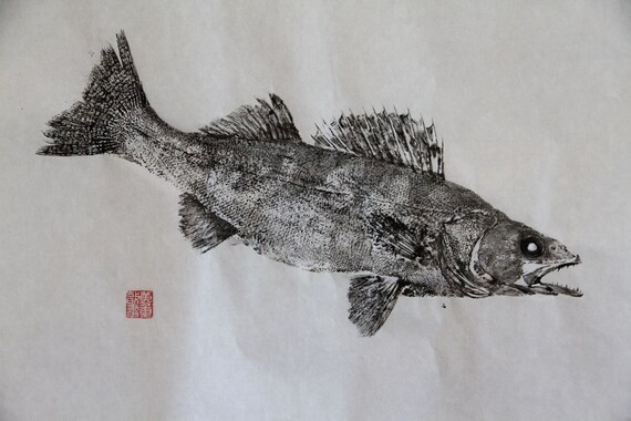 WALLEYE Original Gyotaku traditional Japanese fish art by