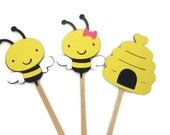 Set of 12 Gender Reveal Bees and Beehive Cupcake Toppers - Bee Mine, Happy Beeday,Girl/Boy Bee, Gender Reveal, Bee Parties, Mother to Bee Il_170x135