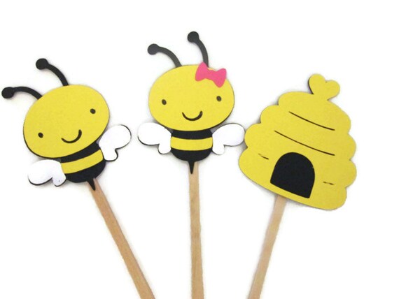 Set of 12 Gender Reveal Bees and Beehive Cupcake Toppers - Bee Mine, Happy Beeday,Girl/Boy Bee, Gender Reveal, Bee Parties, Mother to Bee Il_570xn