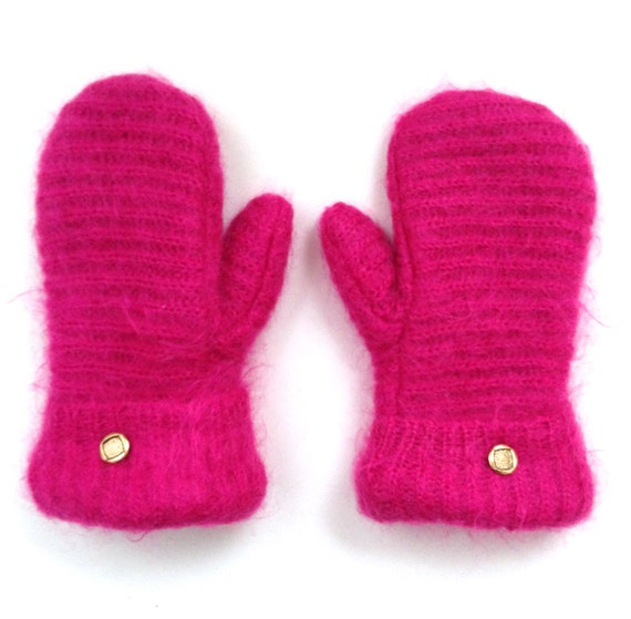 Hot Pink Fuzzy Felted Wool Mittens by OneStitchAway on Etsy
