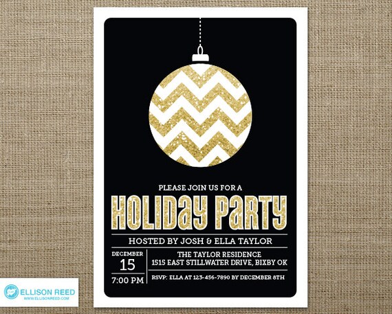 Glitter Christmas Party Invitation - Christmas Invitation - Holiday Party Invitation - Chevron - Ornament - Christmas Printable - Gold Il_570xn