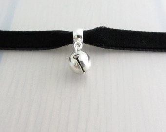 Silver Bell Charm Black Velvet Ribbon Choker Necklace, 9mm Black Velvet Choker, Bell Pendant, Bell Charm Necklace