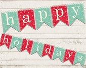 Christmas Decor - Happy Holidays Banner - Holiday Double Tail Banner - Printable Designs - Shabby Chic, Vintage, Snowflakes - Custom Il_170x135