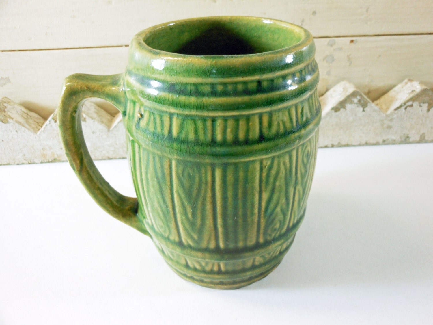 Vintage Green Pottery Barrel Mug 397