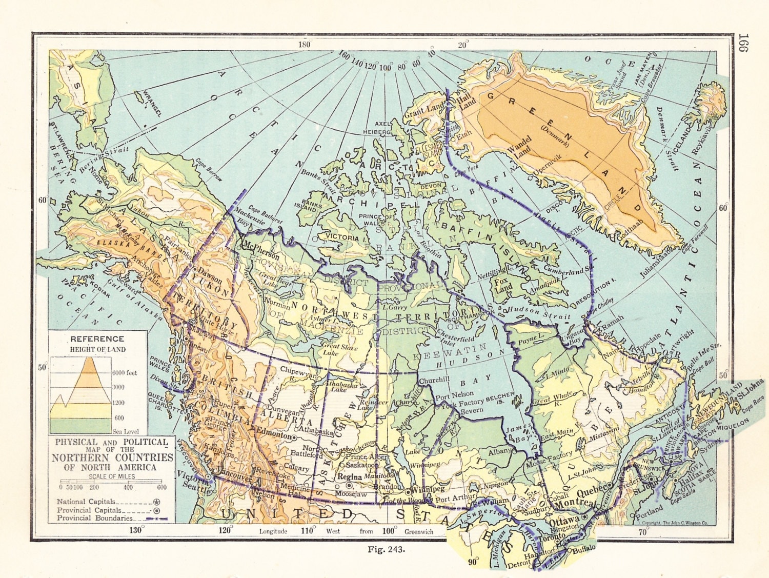 Antique Map of Canada 1920s Physical Political Color 1924