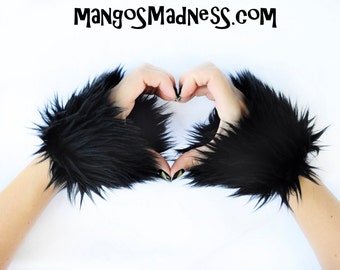 black faux fur, furry wrist cuffs, mittens, hand warmers