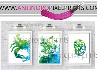Watercolor Navy Green Turquoise Digital Illustration Bath / Beach House Prints Wall Art Sert of (3) - 8x10 Prints -  (UNFRAMED)