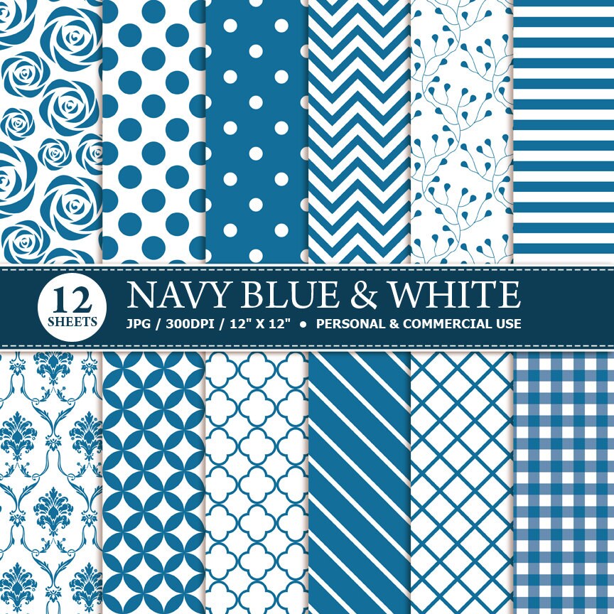 12 Navy Blue & White Digital Scrapbook Paper digital