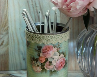 Vintage Cottage Roses Shabby Chic Style Tin Desk Organizer with your choice of Doily & Tiny Tin