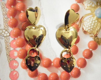 2 Pr. of Vintage Goldplated Double Heart with Lock Earrings