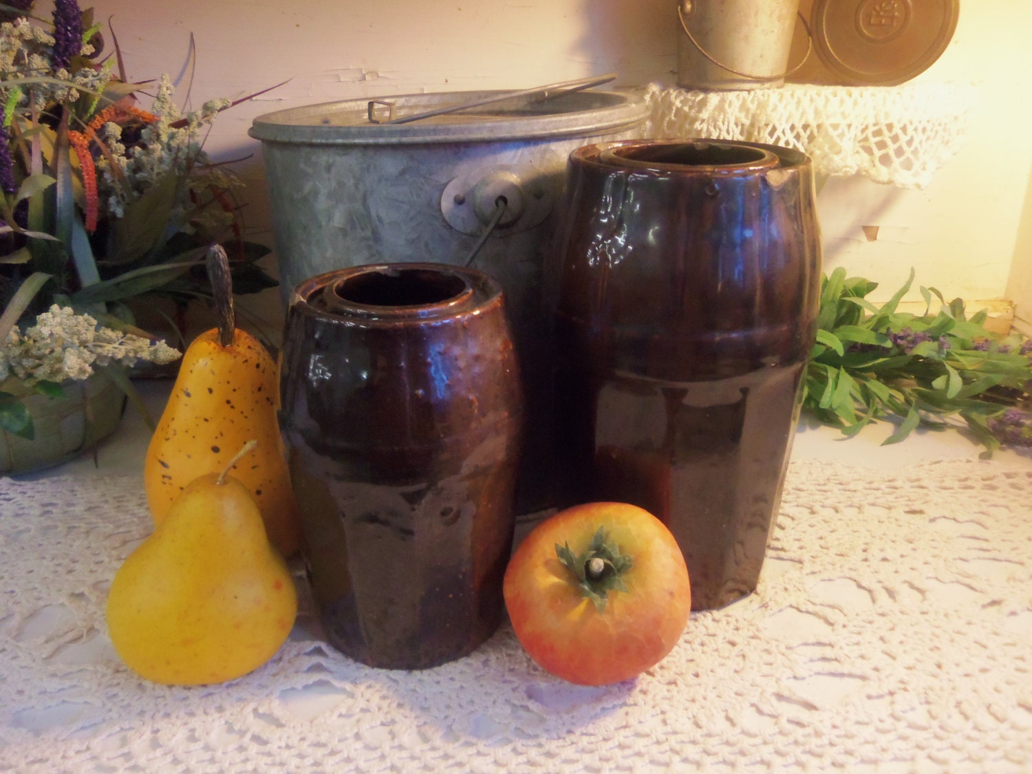 2 Antique Peoria Pottery Wax Seal Canning Fruit Jars B95