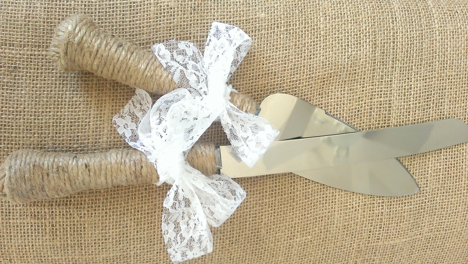 Wedding Twine Burlap Lace Bow Jute Cake Serving Set Knife Southern Shabby Chic Rustic Country