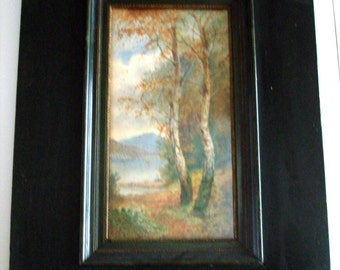 Antique 1880's Framed Watercolor Wooded Landscape Birch Trees Signed