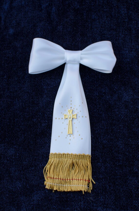 Boy First Communion Arm Bow Ribbon with Gold Cross