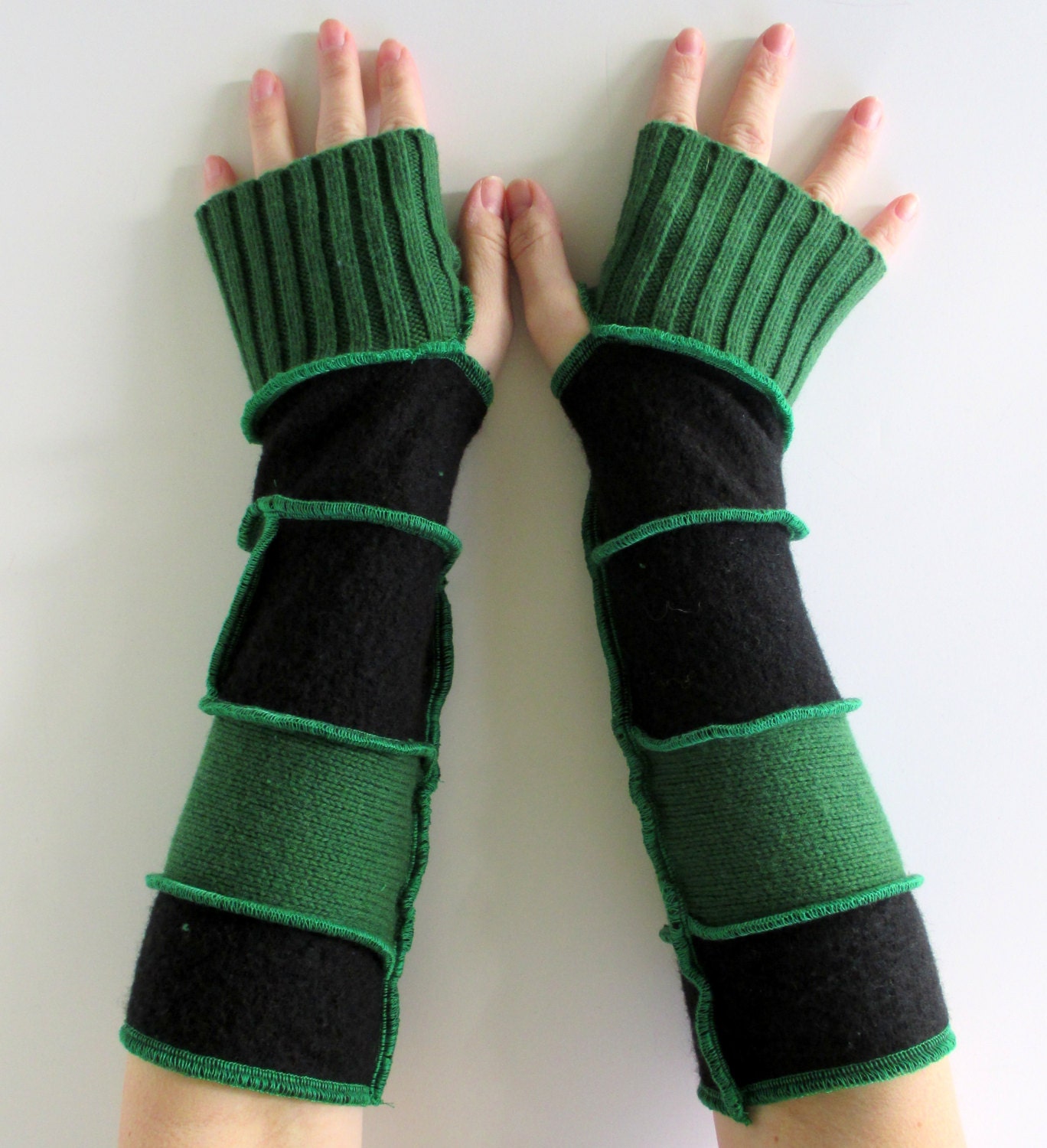 Recycled Sweater Fingerless Gloves Arm Warmers Meadow Green