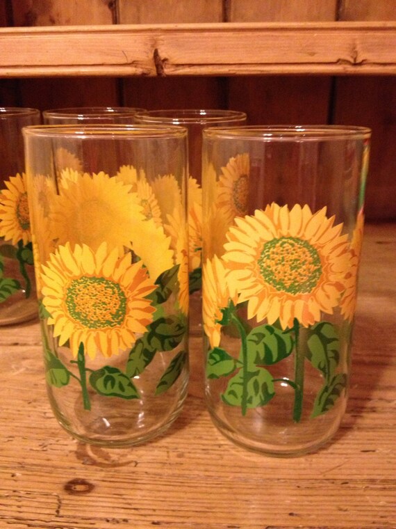 6 Vintage Libby Sunflower Drinking Glasses