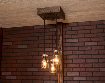 Rustic lighting, Mason Jar Chandelier With Reclaimed Wood and 3 Pendants. R-1212-CMJ-3