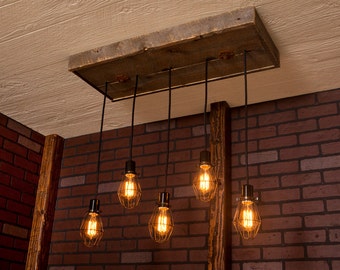Industrial lighting, Industrial Chandelier, Antique Brass With Reclaimed Wood and 5 Pendants. R-1434-AC-5