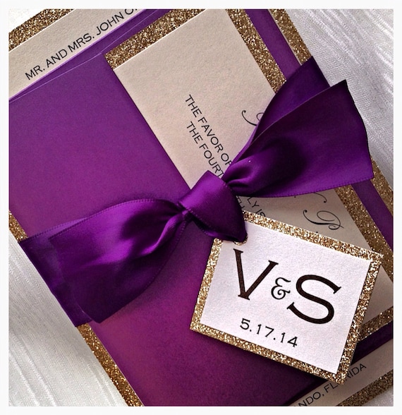 Purple and Gold Glitter Wedding Invitation with monogram belt and RSVP card