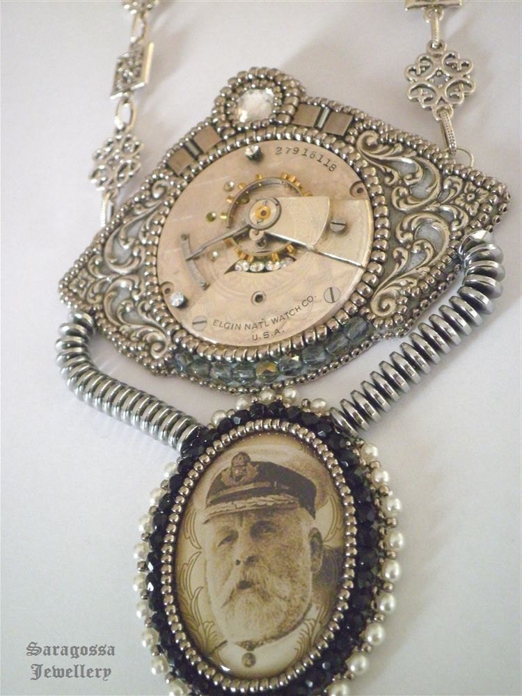 Titanic - Steampunk necklace with silver watch movement and pyrite stone, bead embroidered