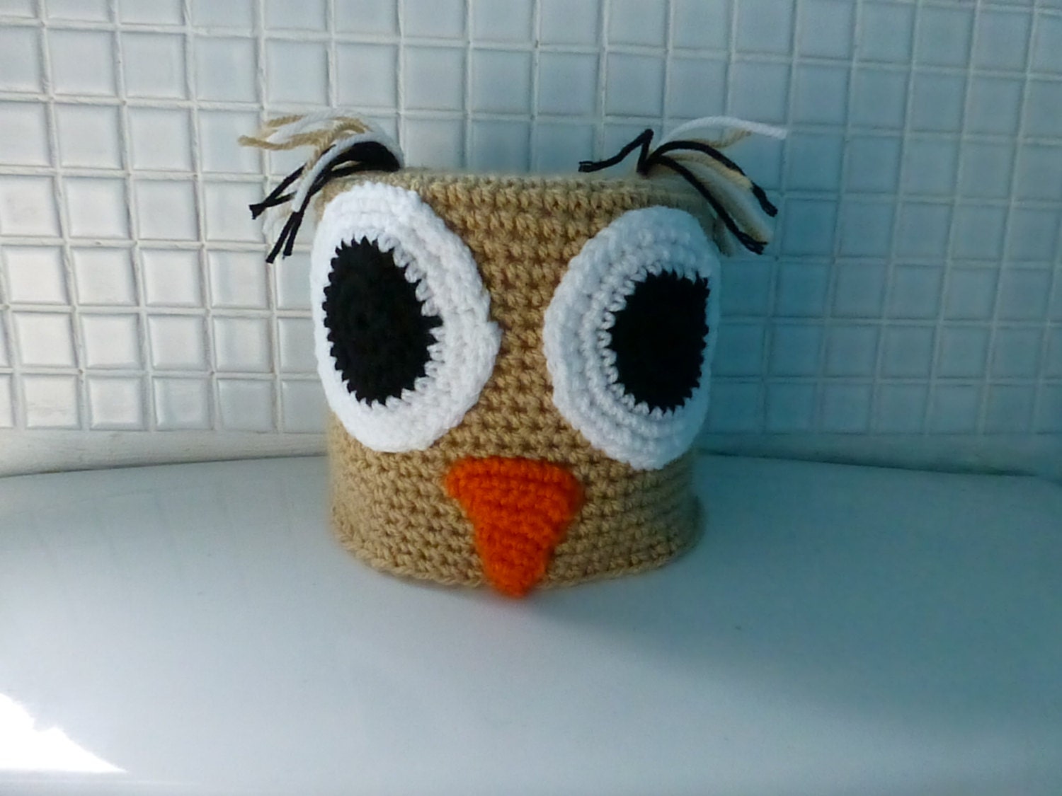 Handmade crochet owl toilet roll cover