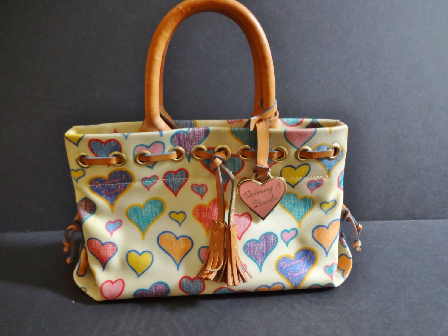 Dooney and Bourke Crayon Hearts White Tiny Tassel Tote Bag