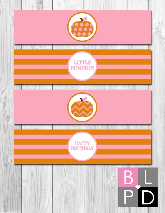 INSTANT DOWNLOAD - Water Bottle Labels - Little Pumpkin Birthday Theme - Pink and Orange - DIY - Printable Il_570xn