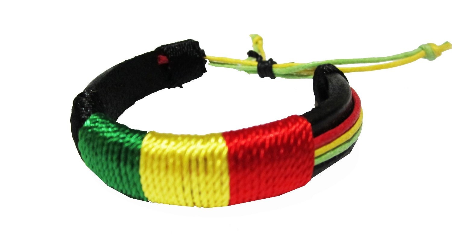 Rasta Leather Bracelet with Cords in Rasta colors Jamaican