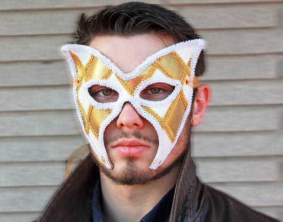 Gold and White Wing Shaped Leather Masquerade Mask Leather Jester Renaissance Faire Mask