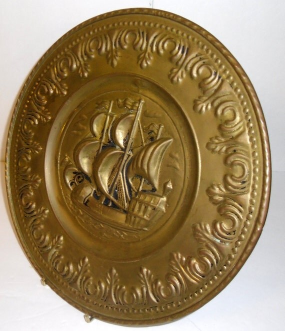 Metal Wall Hanging Plates Vintage Brass Embossed Metal
