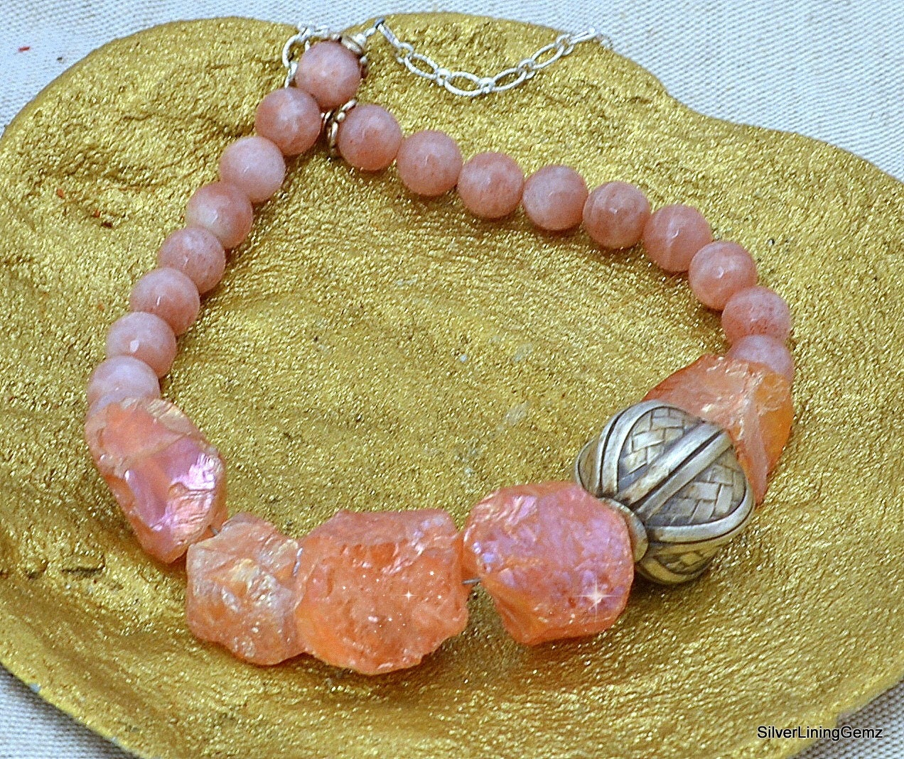 Peach Crystal Quartz Raw Nugget and Peach Moonstone Bead