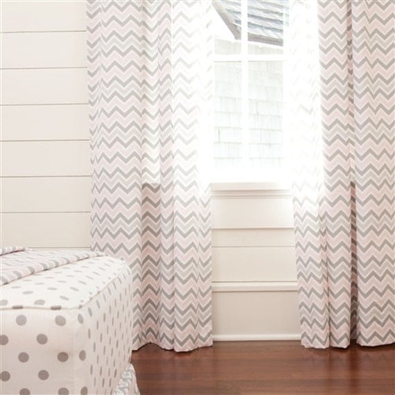 One pair of pink and gray chevron curtains by LuxuryLinenLoft