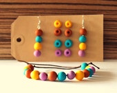 Set of beautiful colored earrings, earring studs and a bracelet (made of polymer clay)