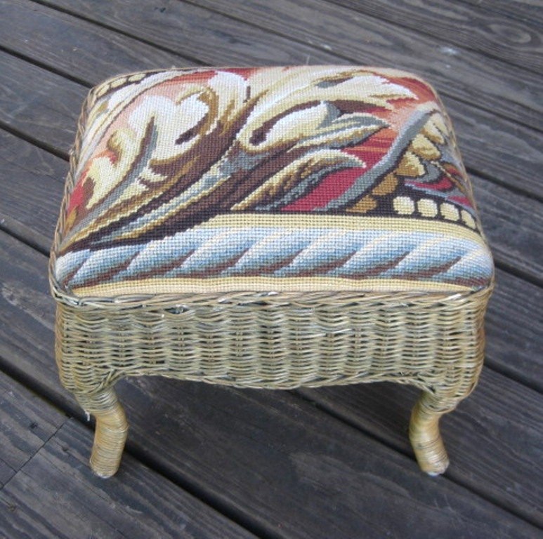 Vintage Wicker Footstool with Handmade Needlepoint Upholstery