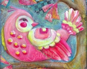 Whimsical Pink Bird Wall Art, Nursery Art, 6x6 Mixed Media Art Print, Mixed Media Bird Collage, Pink Belle LaBird, Pink Bird Painting Print