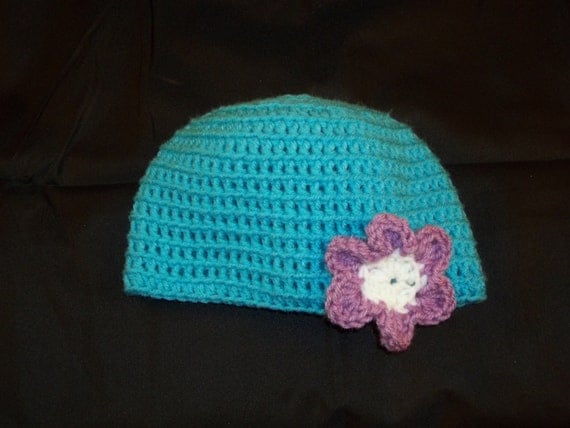 6 to 9 Months Sized Crochet Turquoise Hat with Purple and White Flower - Crochet Blue Hat Purple Flower