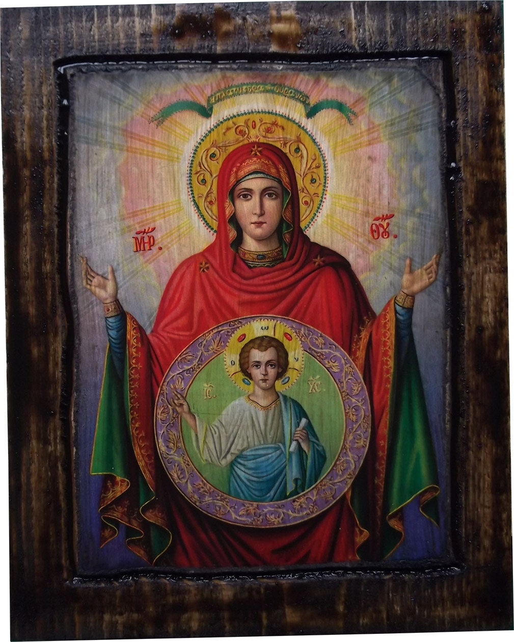 VIRGIN MARY Orthodox icon on wood handmade 22.5cm x 17cm