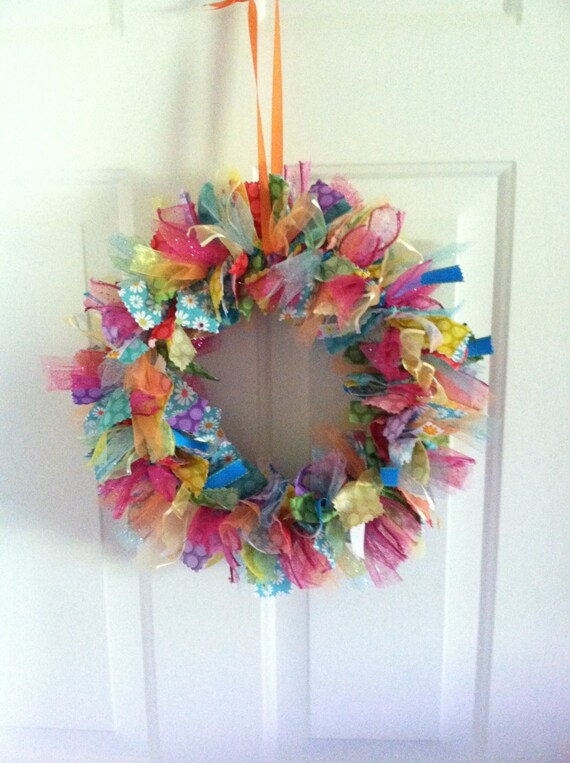Items similar to Summertime Fabric Rag Ribbon Wreath Summer Ribbon