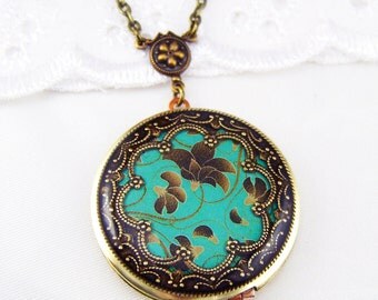 Green Floral Brass Locket, Resin Flower Locket,Green Locket,Holiday Gift For Her.