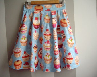 Blue Cupcake Skirt, Summer Cotton Skirt, High Waisted Pleated Skirt, Made to Order