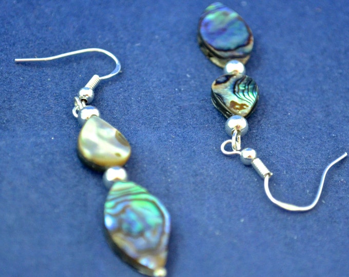 Paua Shell Earrings, 2.5 Inches Long, Natural, Sterling Silver French Hook E572