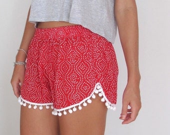 Christmas Pom Pom Shorts - Red and White Polkadot Print - White Pom Poms