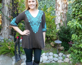 Plus Size Tunic, Plus Sizes Clothing, Tunic Top, Tunics, Plus Size Top, Brown with Turquoise, S M L XL 2X 3X, 3/4 Bell Sleeve, V Neck