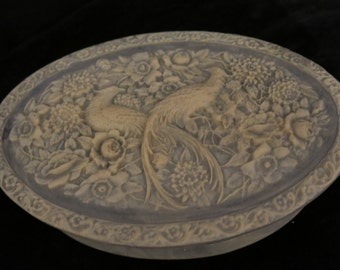 Vintage Light Blue Oval Incolay Stone Bird floral Carving Jewelry Trinket Box 6.75" tall 10" wide 3" highEroom. 912